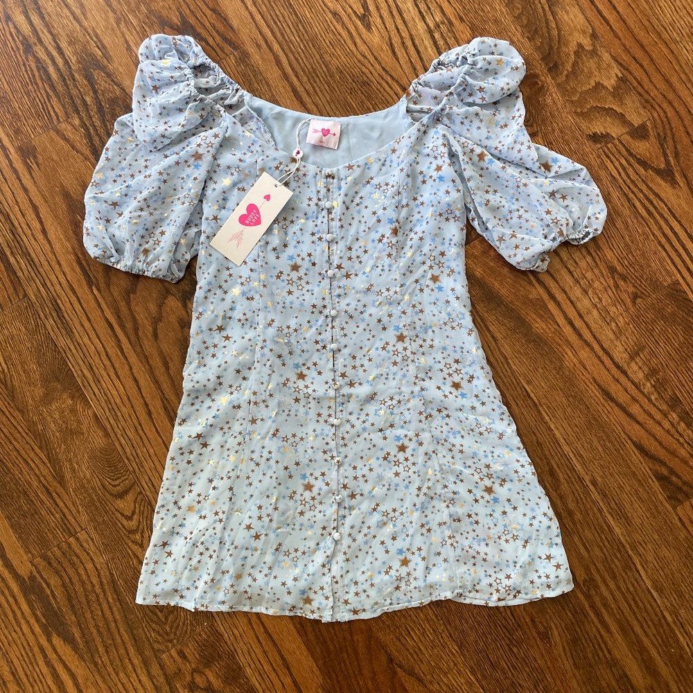 Baby Blue & Gold Star Puff Sleeve Mini Dress